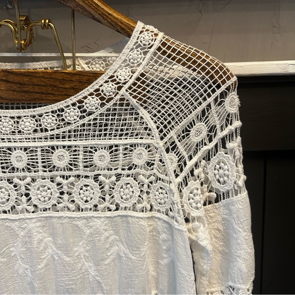 Women's S White Cotton Tunic Lace Crochet Boho Peasant Hippie 3/4 Sleeve - Picture 5 of 12